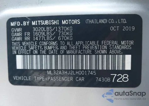 2020 Mitsubishi Mirage Es из США, поврежденный, VIN ML32A3HJ2LH001745